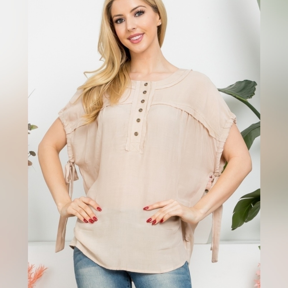 NWT EASEL Khaki Button Detail Dolman Short Sleeve Tie Top.